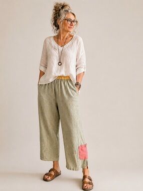 Somewhat Funky Liz & Jane Linen Pants Large Green Stripe Cropped Artsy USA